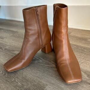 Vince Koren Square Toe Leather Ankle Bootie Brown Heeled Boots Congnac Tan